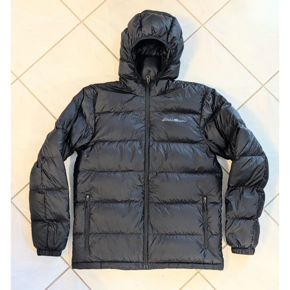 Eddie Bauer Men's M Wide Channel Hooded EB650 Down Puffer Jacket Black 1526048
